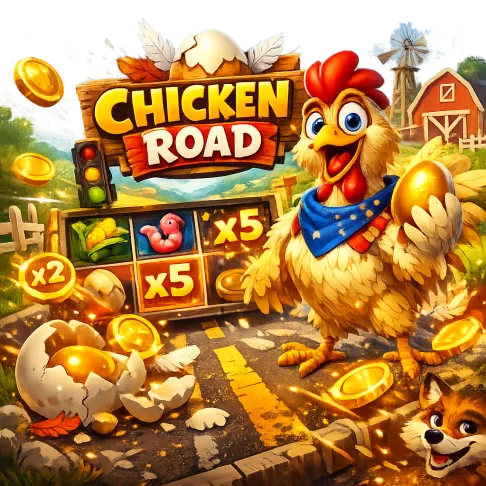 Dynamic promotional image for Chicken Road game featuring a funny chicken, road lanes, eggs, feathers, and bright slot energy